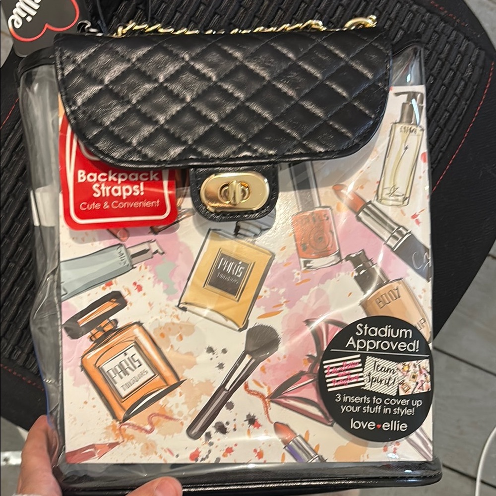 Black Quilted Clear Backpack with Makeup Print inserts included